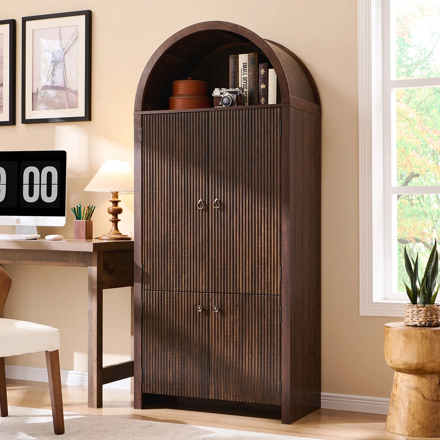 71"Tall Arched Kitchen Pantry, Fluted Wood Cabinet, Storage Organization Cabinet,Suitable for Kitchen,Living Room,Brown