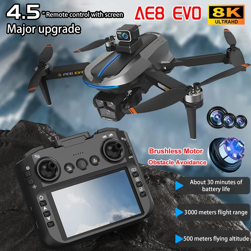 AE8 EVO GPS Drone 4K professionale HD doppia fotocamera con schermo 5G WIFI 360 ° Droni FPV quadricottero Rc senza spazzole per evitare ostacoli - immagine 2