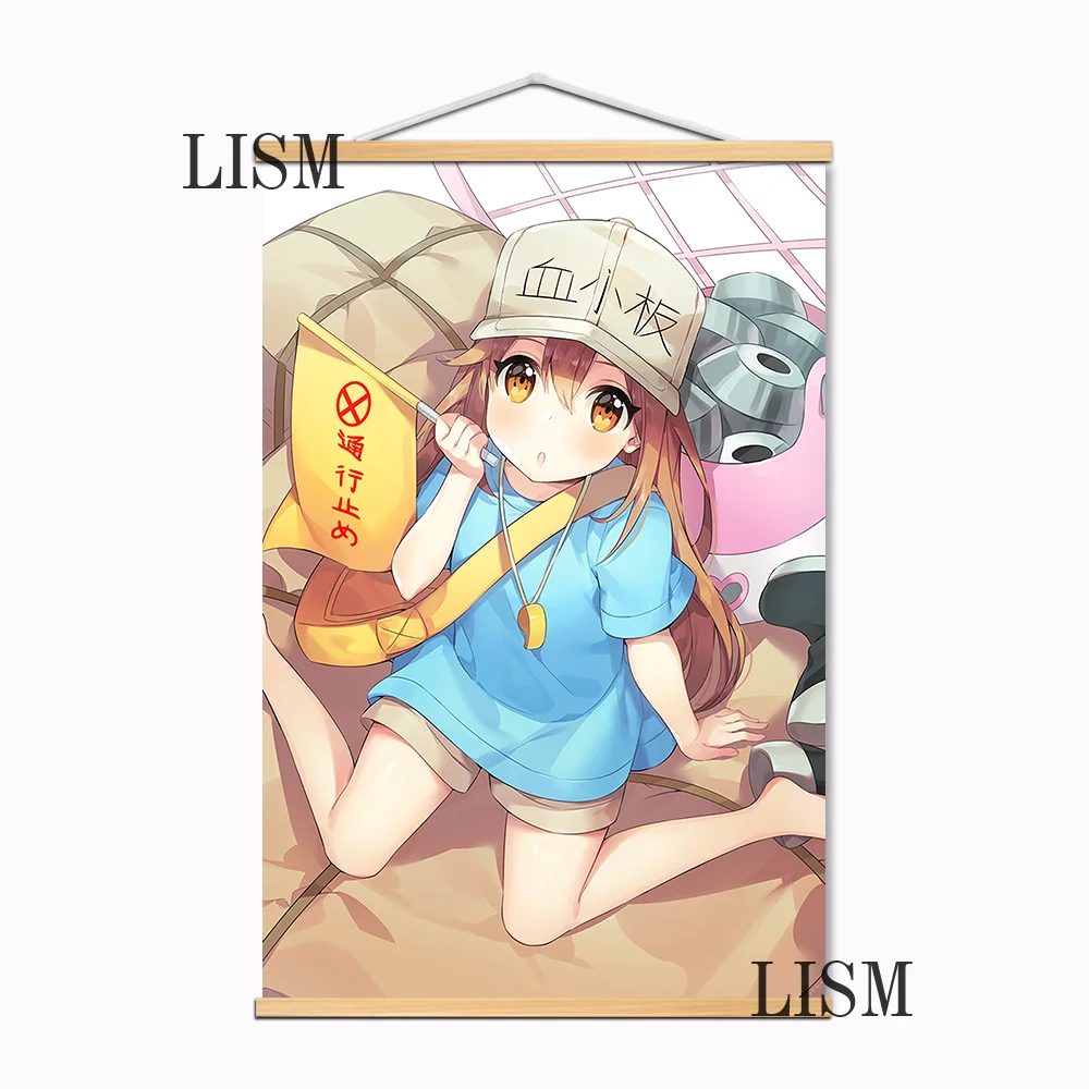 Póster de Hataraku Saibou Chan con plaquetas de anime y dibujos