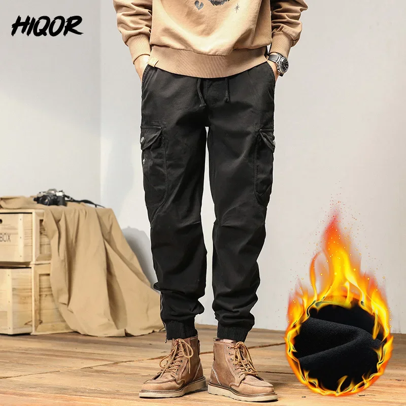 HIQOR New Cargo Pants Men Winter Man Y2k Harem Tactical Pants for Men Outdoor Fleece Multi-Pockets Cotton Casual Trousers