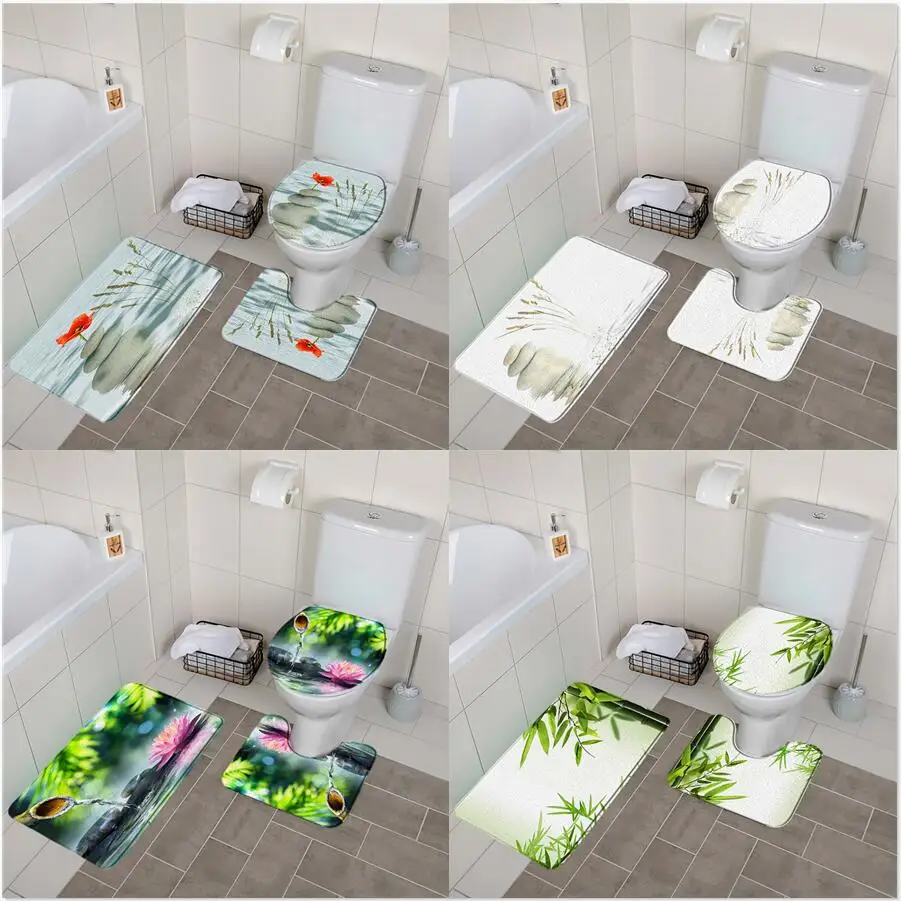 Zen Stone Bamboo 3Pcs Tappetini Da Bagno Set Flower Lotus Water Spa Antiscivolo Flanella Morbido Zerbino Tappeti Da Pavimento Coperchio Del Water Tapp