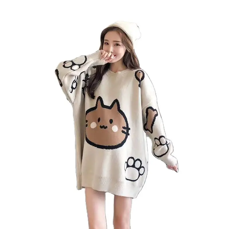 Beige Cartoon Maternity Sweater For Autumn Fashion Pregnant Woman Knitted Pullovers Plus Size Pregnancy Knitwear Loose Jackets