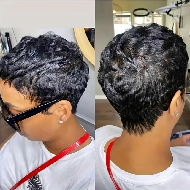 Perruque courte coupe lutin cheveux humains pour femmes perruques fabriquées à la Machine avec frange perruque colorée 180 densité 1