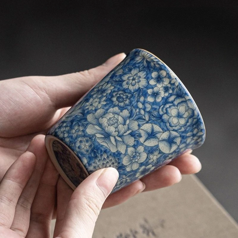 Antique Blue White Ceramic Teacup-Ru Kiln Crackle Glaze, Kung Fu Tea Set, Seasonable Single Cup for Tea Lovers, Personal Use