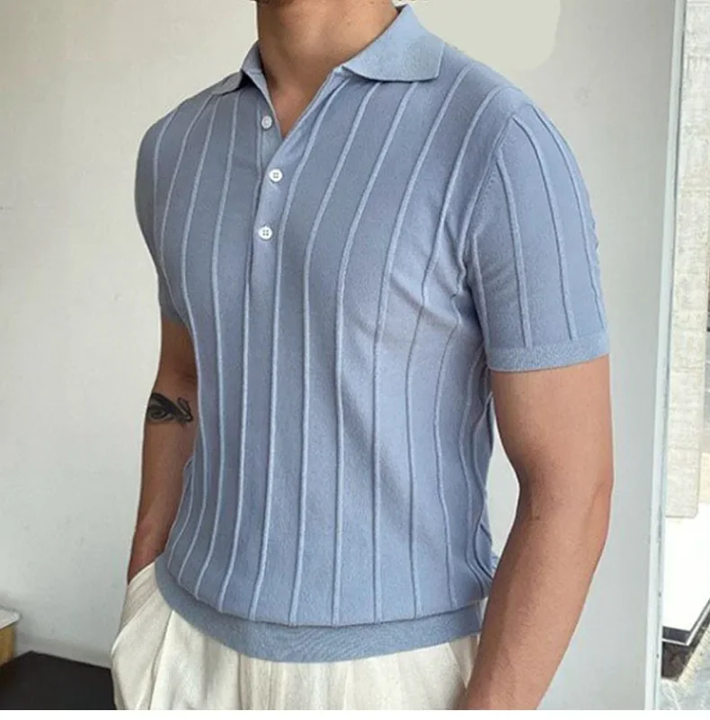 Summer Men's Knitted Jacquard Polo Shirt Fashion Vintage Striped Short Sleeve Lapel T-shirt Man Streetwear Business Casual Tops 28 Sbd4e33d3baf1483a975917d3efb2aa492