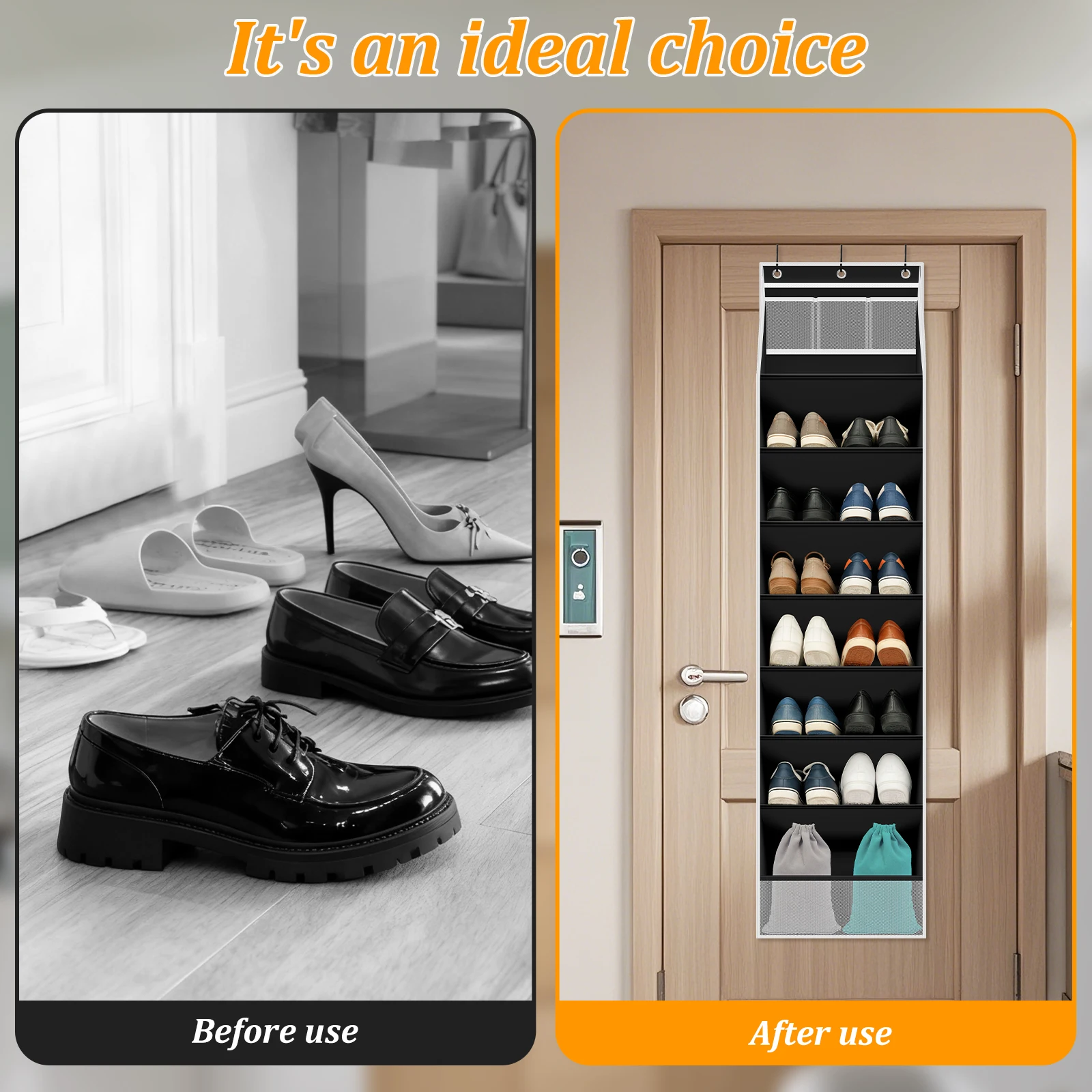 8 Layer Over The Door Shoe Organizer Oxford Cloth Hanging Shoe Storage Rack with 3 Hooks Large Capacity Behind Door Shoe Rack