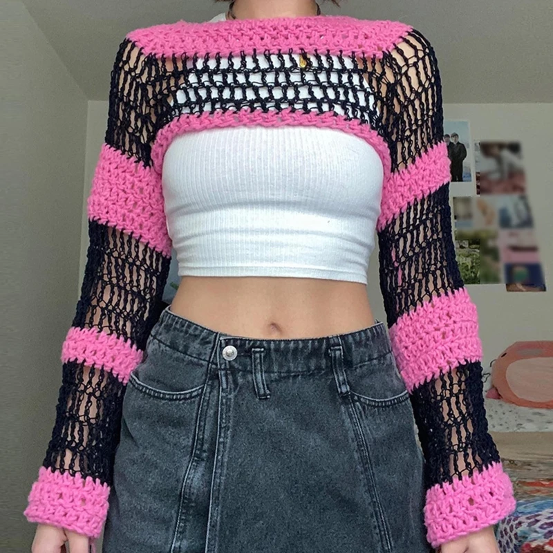 

Women's Crochet Shrugs Cropped Sweaters Fashion Hollow Knit Crop Tops Long Sleeves Cover Ups Patchwork Stripe Pullovers