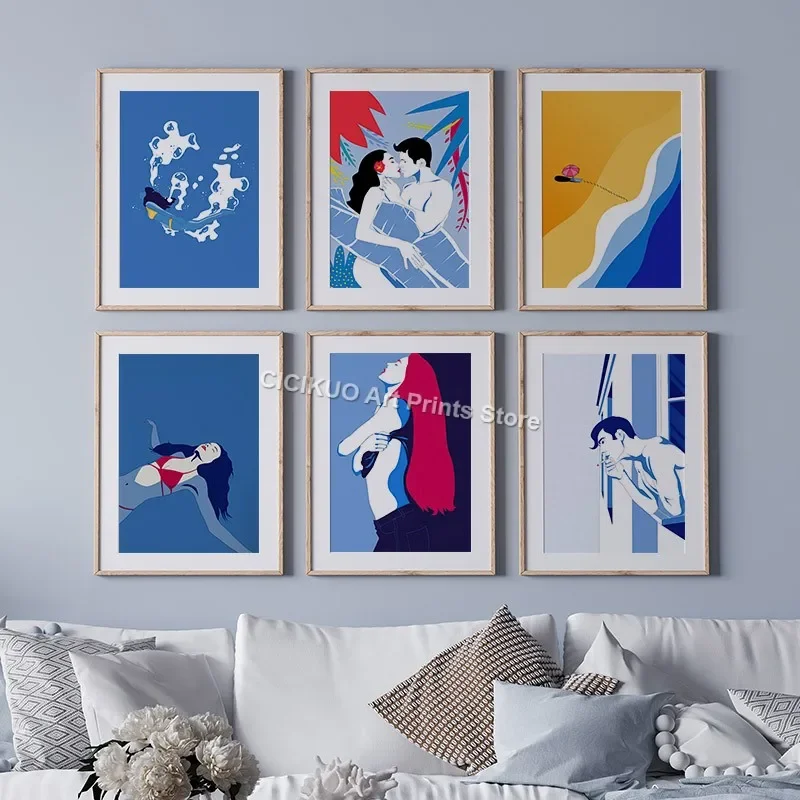

Abstract Blue Couple Beach Ocean Kiss Smoke Wall Art Canvas Painting Nordic Posters Prints Wall Pictures For Living Room Decor