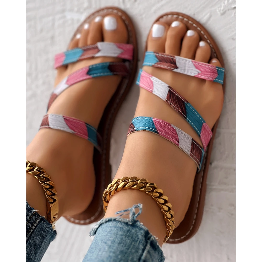 2024 Fashion Women Colorblock Strap Peep Toe Flat Sandals Lady Summer Casual Slingback Going Out Flats Party Shoes Sandals