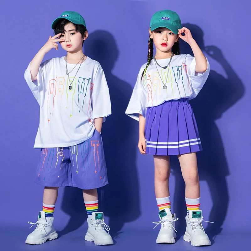

Kids Hip Hop Dancing Clothing Tshirt Streetwear Purple Mini Skirt For Girls Boys Jazz Dance Costumes Stage Wear Teenager Clothes