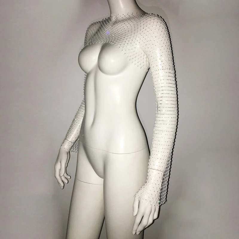 Durchsichtiges Netz-T-Shirt für Damen mit Strasssteinen, volle Ärmel, sexy, hohles Netz-loses Oberteil für Strandparty, Bikini-Vertuschung – Detail 12