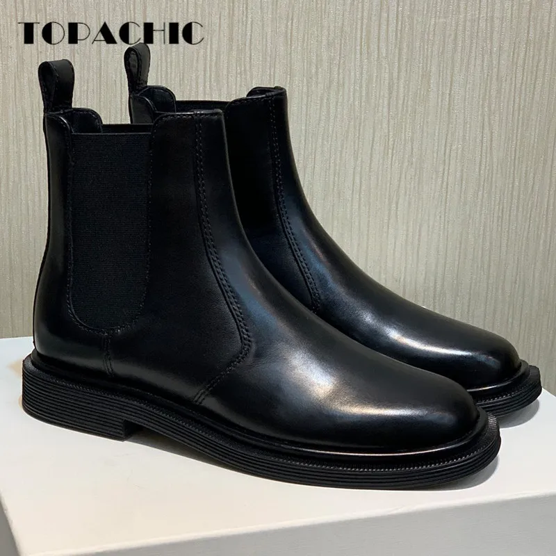 

9.14 TOPACHIC Fashion Luxury Black Stretchy Splicing Sheepskin Round Toe Chelsea Short Boots Women's