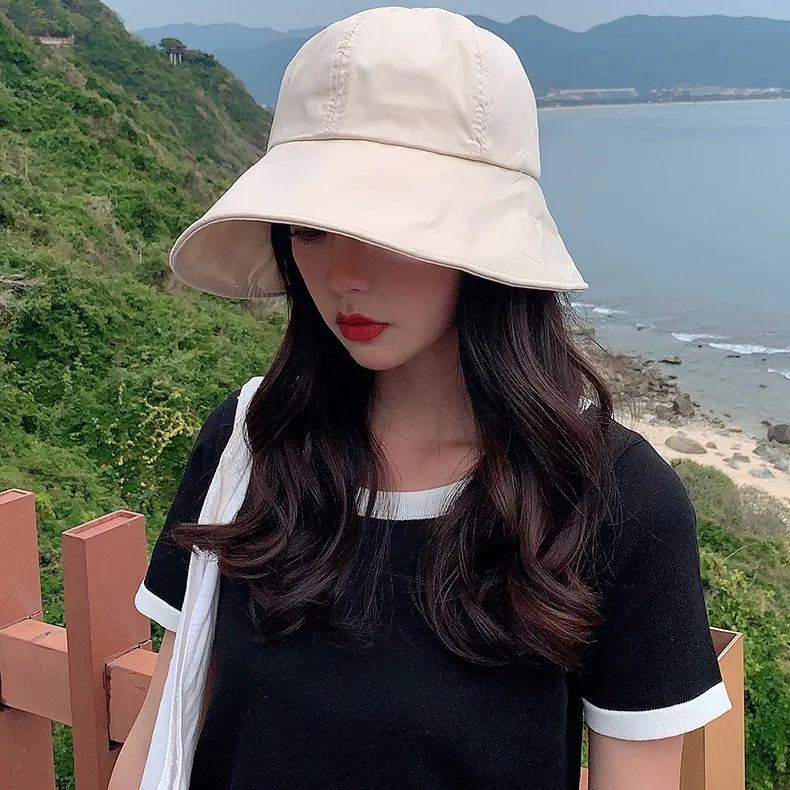 Koreanische Version Kuppel Sonnenschirm Fischerhut Damen Sommer Sonnenschutzhut Klettverschluss große Krempe Beckenhut – Detail 10