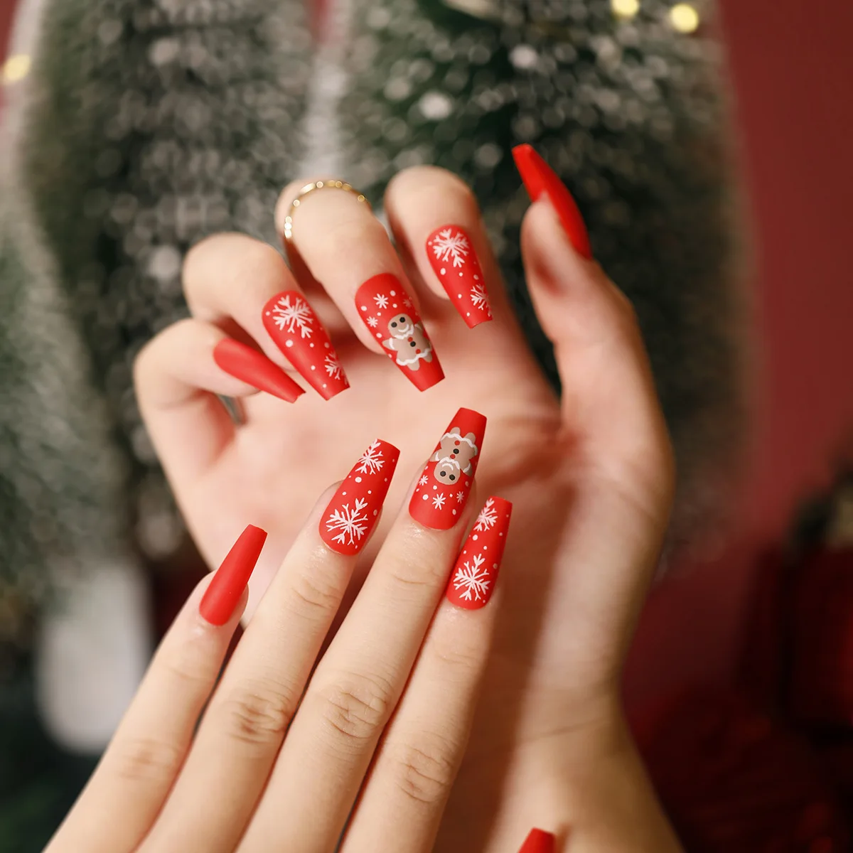 Christmas Snowman Glitter Press-On Nails - 24 Pcs/Set