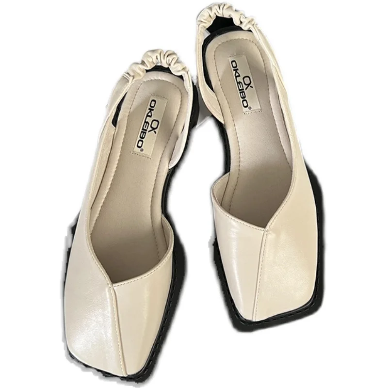 Ladies Sandals Square Toe Summer Elegant  Fashion Ladies Elastic Band Flat Heel Women Shallow Party Shoes Square Heel Sandal 5