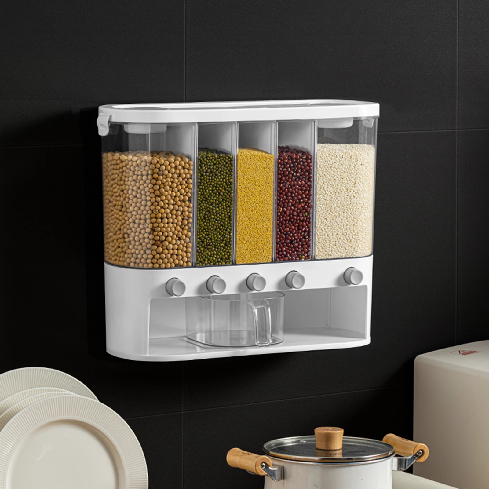 Granendispenser, 10L wandgemonteerde droogvoedseldispenser Keukengranendispenser Graan Rijst Droogvoer Opslag Rijstcontainer met beker voor winkel Koffiebonen Notensnacks (5 roosters, grijs-wit