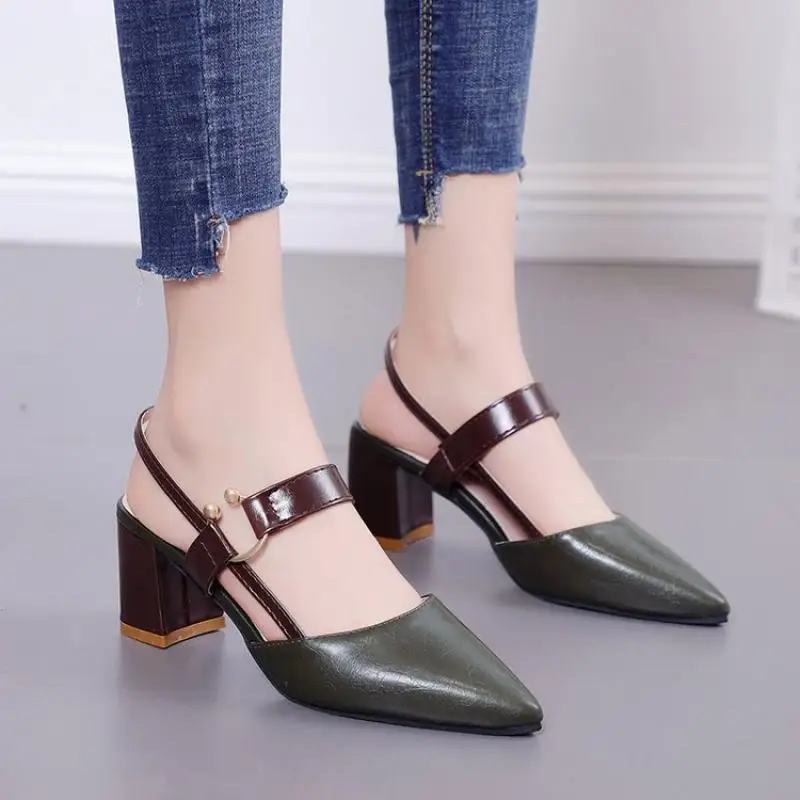 Women's High Heels Sandals Summer Pointed Toe Lady Pumps Buckle Design Shoes for Women Thick Casual Lady Fashion Sandalias