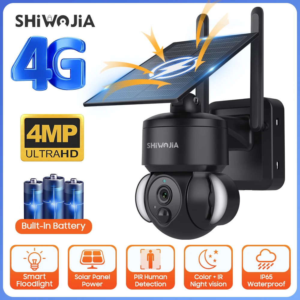 SHIWOJIA Outdoor Camera 4G Wifi Solar Powered 7500mAh Battery