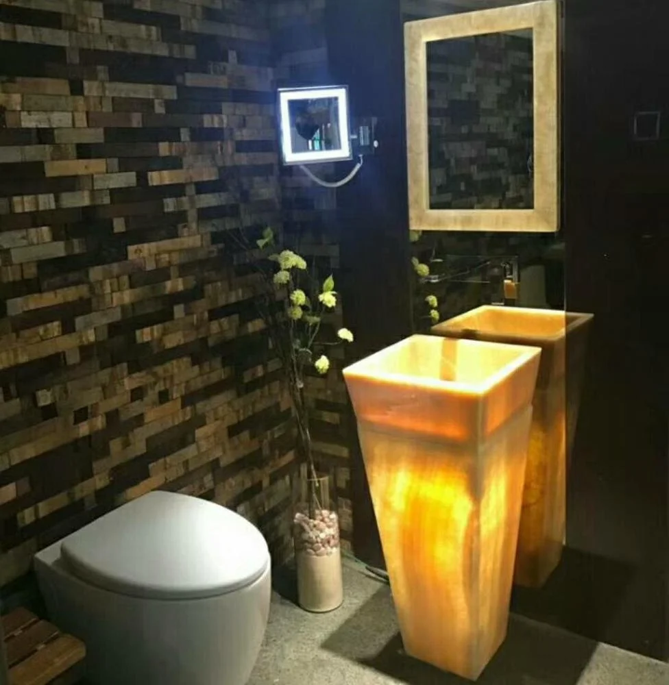 

New Style China Hotel Yellow Onyx freestanding Basin natural stone bathroom pedestal basin sink