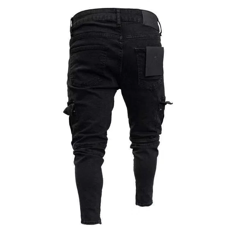 Multi-pocket Patchwork Slim Fit Jeans Men Washable Black Denim Pants Casual Trend Streetwear Male Chic Leg Zips Pencil Trousers