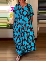 Plus Size Ladies Loose Dress 2025 Fashion Holiday Style Spring Travel Essential Blue Pattern Short-sleeved Long Beach Style