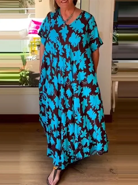 Plus Size Ladies Loose Dress 2025 Fashion Holiday Style Spring Travel Essential Blue Pattern Short-sleeved Long Beach Style