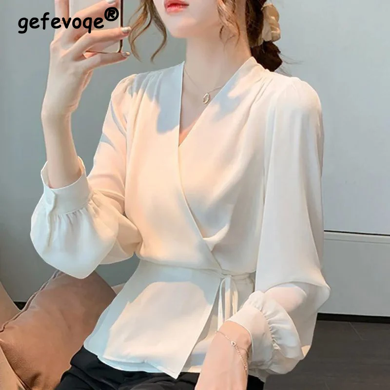 

Spring Autumn Fashion Elegant Temperament Lace Up Office Lady Long Sleeve Shirt Slim Long Sleeve Solid Blouses Tops Women Blusas