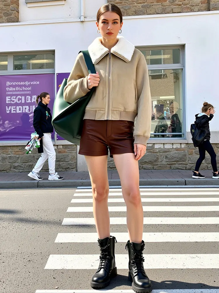 HH Women Elegant Fashion Khaki Coat Turn-Down Collar Long Sleeve Zipper Jacket Female Autumn Winter Warm Thick Outwear