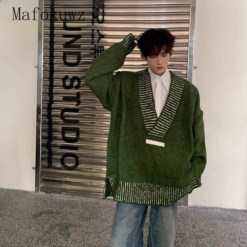 American Vintage Contrasting Color Splicing Slit Sweater Couple Loose Casual High Street Sweaters Pullover Male Clothes