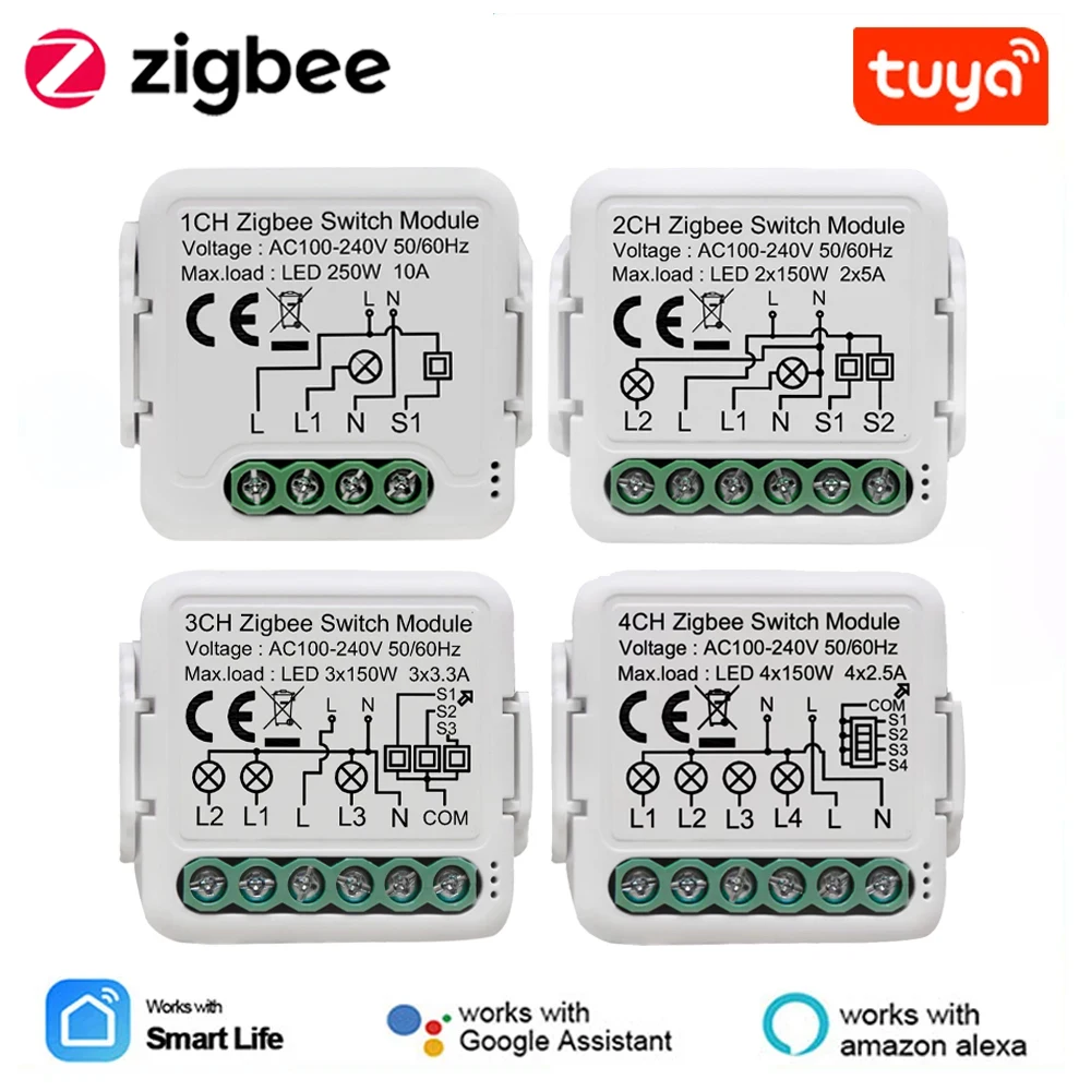Tuya Smart ZigBee 3.0 Switch Module 10A Smart Home DIY Breaker 1 2 3 4 Gang Supports 2 Way Control Works With Alexa Google Home Smart Switch Smart Switch Module
