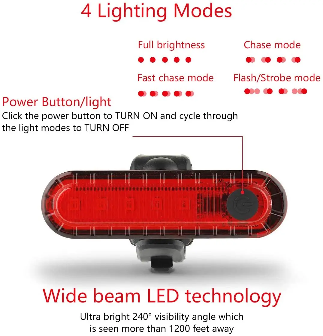 USB Rechargeable Ultra Bright Red Rear Bike Tail Light - Easy Install