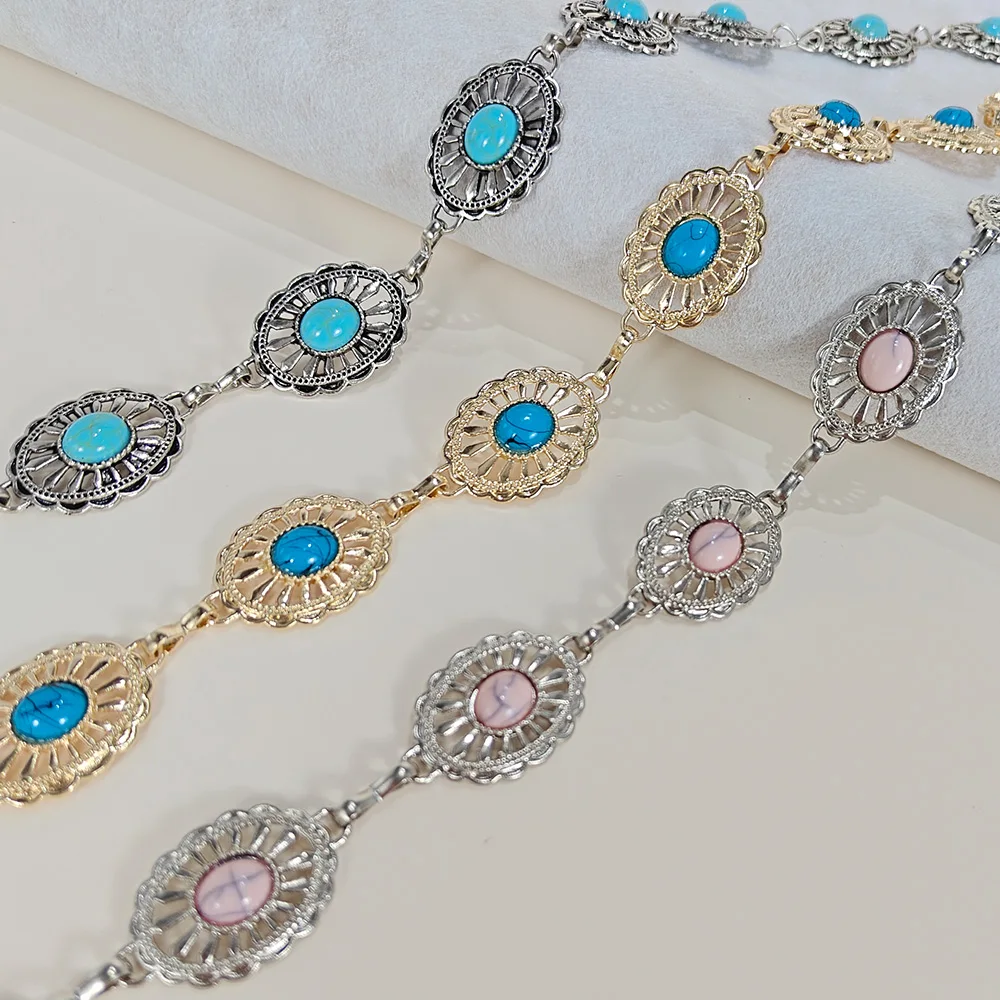 Silver Bohemian Metal Waist Chain Belt with Blue Gemstone Ellipse