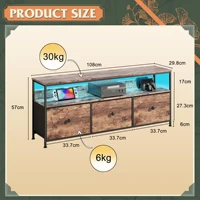 Винтажный шкаф для телевизора Comanlai 108 см с 3 тканевыми ящиками и светодиодной подсветкой, шкаф для хранения в гостиной, подставка для телевизора 108 × 29,8 × 57 см — изображение 2