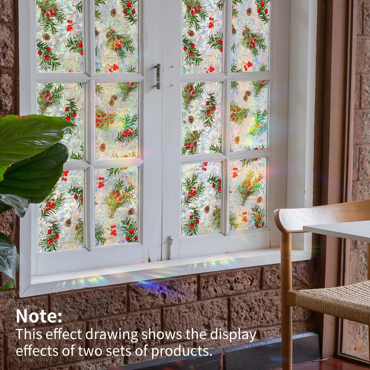 45x100cm Christmas Red Berry Pine Cone Sun Catcher Window Sticker Iridescent Static Cling Film for Holiday Glass Decoration