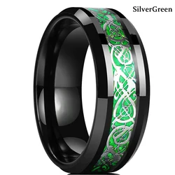 Men's Stainless Steel Celtic Dragon Ring with Carbon Fiber Inlay - Multicolor Options Available - 8 (Green Silver Color)