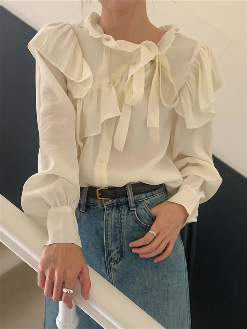 

Alien Kitty Women Ruffled Chic Shirts Autumn Solid Elegant Work Wear 2023 Office Lady Gentle Full Sleeve New Daily Slim Blusas