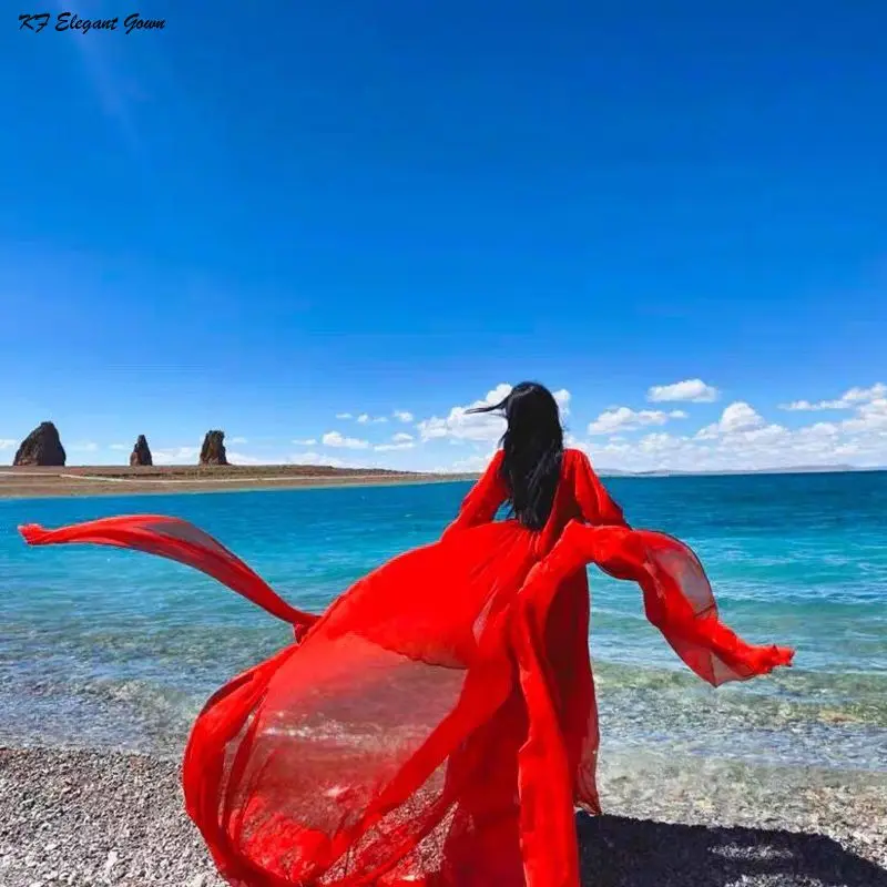 

Bohemian Floor Length Long Chiffon Summer Long Sleeve Maxi Dress Party Dinner Dresses Lady Haut Boho Holiday Beach Vestidos