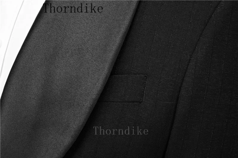 Thorndike Men Fashion Marrige Shawl Collar Striped Black Suits Jacket Trousers Male Business Casual Wedding Blazers Coat Pants