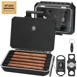 Portable Travel Cigar Humidor Case with Cutters and Humidity Control Pack (Black)