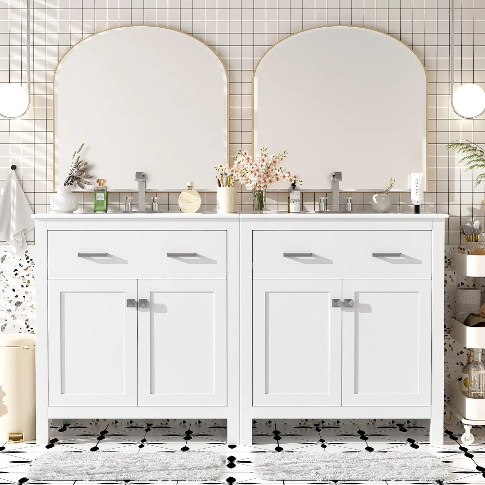 60" Modern White Bathroom Vanity Set With Double Vanities (Separate), Double Ceramic Sinks, Adjustable Shelf, Soft Close Doors A 3