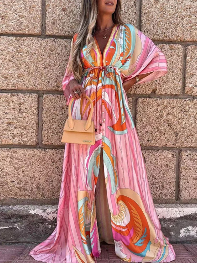 

Fashionable Print Summer Dress New Loose Lace Up Big Swing Pretty Sexy Dress Chic Elegant High Waist Split Party Women Clothing