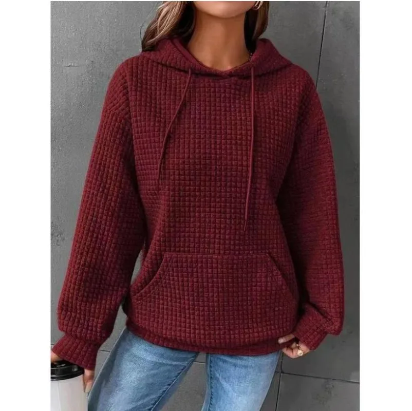 

Women Loose Casual Drawstring Pullover Autumn 2023 Solid Color Casual Fitting Hooded Long Sleeved Patchwork Waffle Sweatshirts