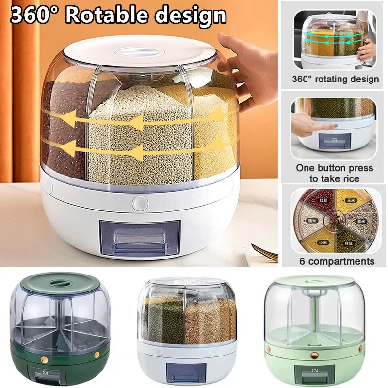 

360 Degree Rotating Rice Dispenser Sealed Dry Cereal Grain Bucket Dispenser Moisture-proof Kitchen Food Container Storage Box