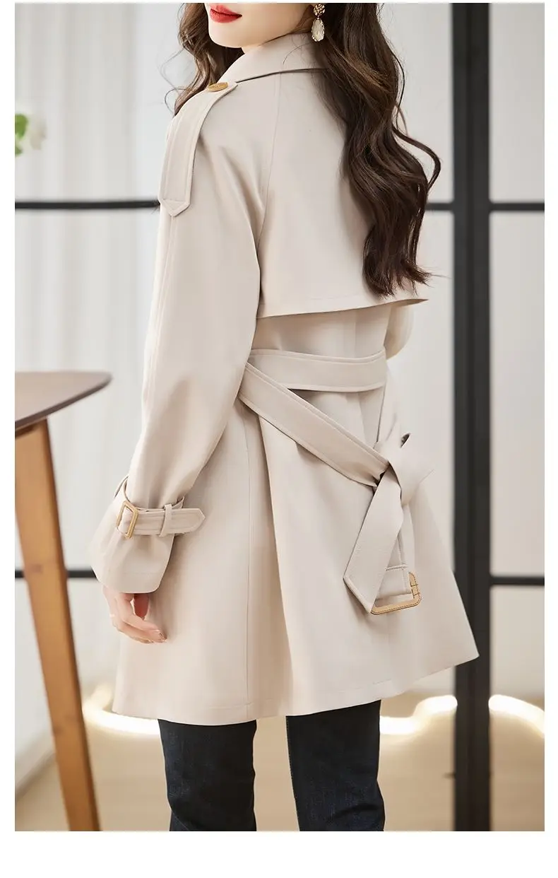 Solid Mid length Trench for Women Fall Winter 2023 New Vintage Turn Down Collar Long Sleeve Jacket Loose Double Breasted Coat