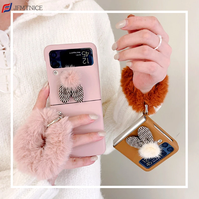 INS Korea Cute Furry Rabbit Phone Case for Samsung Galaxy Z Flip 3 5G Flip3 Z3 Plush Fur Pendant Wristband Chain Cover Z Flip3 case for samsung z flip 3