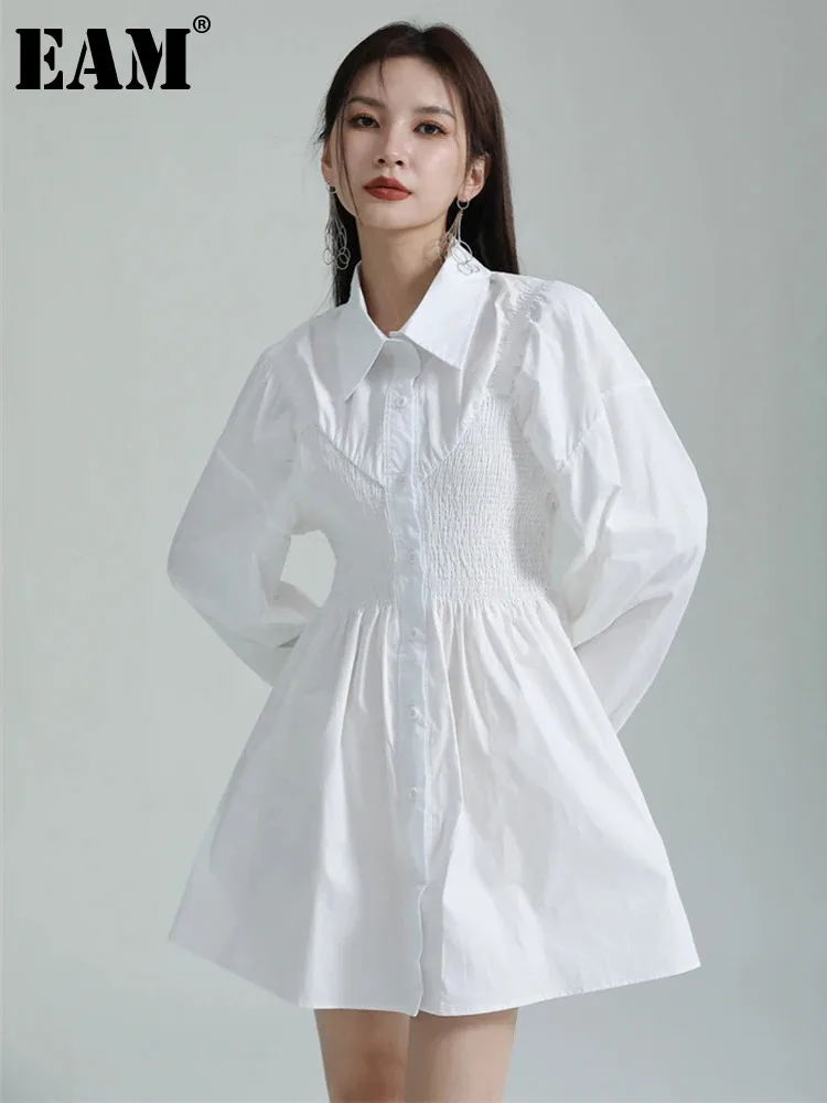 

[EAM] Women White Button Pleated Temperament Casual A-line Dress New Lapel Long Sleeve Fashion Tide Spring Autumn 2023 1DF5731
