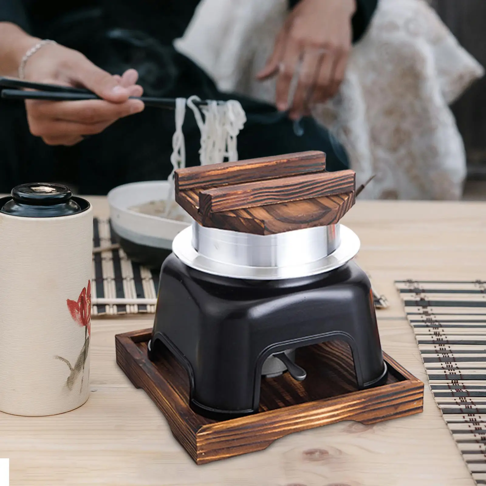 Japanese Rice Pot Non Stick with Wooden Lid and Tray for Camping Picnics