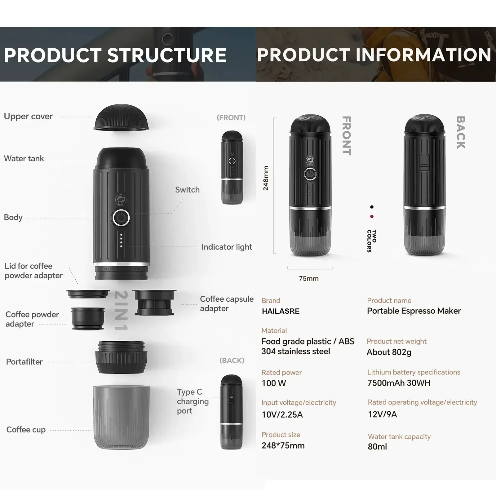 Portable Rechargeable Espresso Coffee Maker 2 Cups Fit Nespresso USB-Typec Port Coffee Machine Capsule and Powder 6