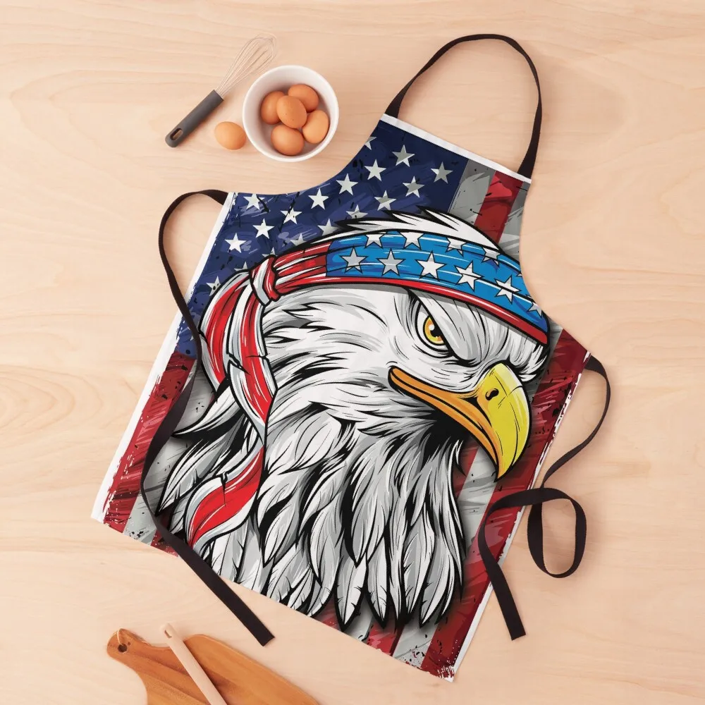 

USA Flag Merica Patriotic Bald Eagle 4th of July Apron For Cosmetologist Home Cleaning Apron