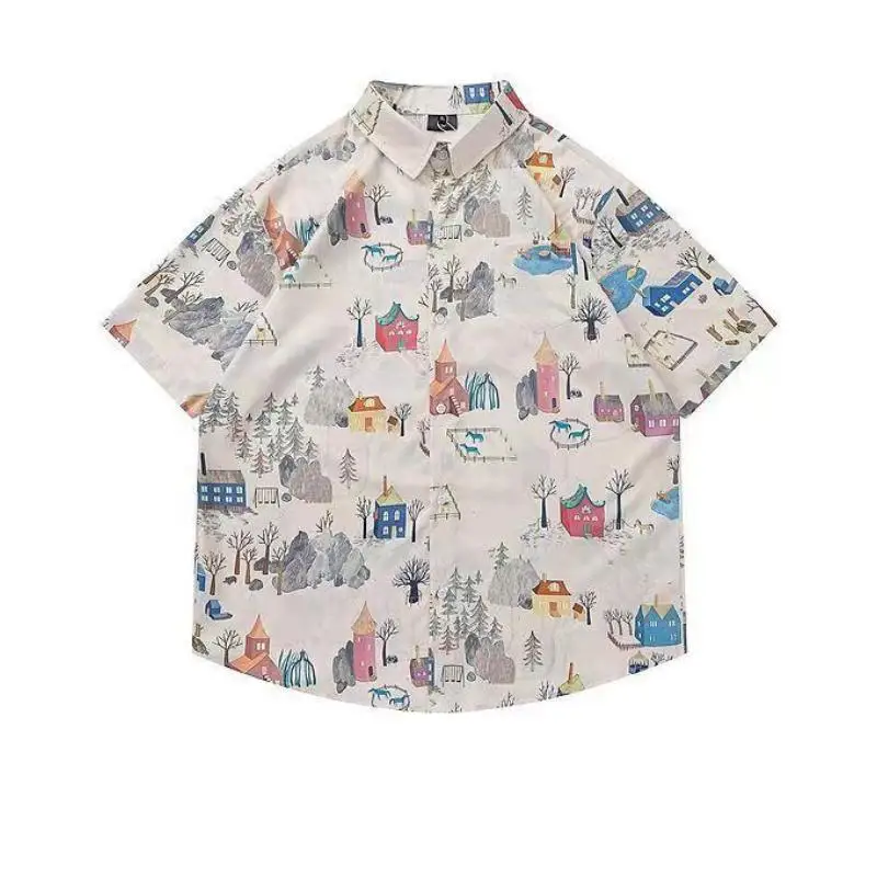 Summer Youth Student Cartoon Print Shirt Painting Leisure College Style Versatile Fashion New Trend Thin Soft Breathable